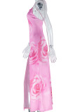 Pink Sexy Print Backless High Slit Patchwork Halter Long Dresses