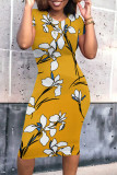Black Casual Print Patchwork O Neck Wrapped Skirt Dresses