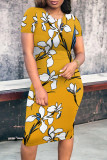 Black Casual Print Patchwork O Neck Wrapped Skirt Dresses