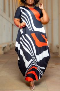 Stripe Casual Print O Neck Long Plus Size Dresses