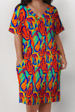 Black Casual Geometric Print Letter Print Pocket Contrast V Neck Printed Plus Size Dresses