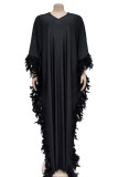 Rose Red Casual Solid Color Feathers Beading Patchwork V Neck Long Dresses