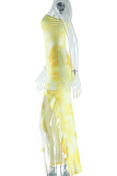 Yellow Sexy Print High Slit Patchwork Irregular Hem Strapless Long Dresses