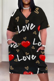 Black Casual Geometric Print Letter Print Pocket Contrast V Neck Printed Plus Size Dresses