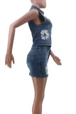 Blue Sexy Print Pocket Buttons Zipper Patchwork Turtleneck Sleeveless Two Pieces