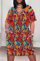Red Casual Geometric Print Letter Print Pocket Contrast V Neck Printed Plus Size Dresses