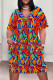 Red Casual Geometric Print Letter Print Pocket Contrast V Neck Printed Plus Size Dresses