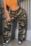 Army Green Casual Hip Hop Camouflage Print Basic Straight High Waist Conventional Full Print Trousers