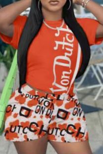 Tangerine Red Casual Print Patchwork O Neck Short Sleeve Two Pieces