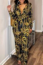 Black Casual Print Deep V Neck Skinny Jumpsuits