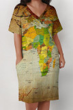 Black Casual Geometric Print Letter Print Pocket Contrast V Neck Printed Plus Size Dresses