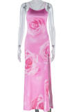 Pink Sexy Print Backless High Slit Patchwork Halter Long Dresses