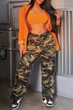 Army Green Casual Hip Hop Camouflage Print Basic Straight High Waist Conventional Full Print Trousers