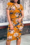 Black Casual Print Patchwork O Neck Wrapped Skirt Dresses