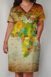 Black Casual Geometric Print Letter Print Pocket Contrast V Neck Printed Plus Size Dresses