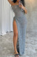 Grey Sexy Solid Color Hollow Out High Slit Patchwork Halter Long Dresses