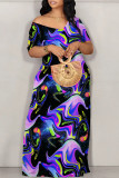 Tibetan Blue Casual Geometric Print Butterfly Print Contrast Off Shoulder Printed Dresses