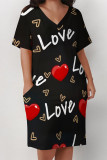 Black Casual Geometric Print Letter Print Pocket Contrast V Neck Printed Plus Size Dresses