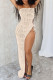 Apricot Sexy Solid Color Hollow Out High Slit Patchwork Halter Long Dresses