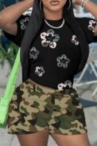 Army Green Casual Print Patchwork O Neck Short Sleeve Two Pieces