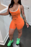 Orange Casual Print Patchwork U Neck Skinny Rompers