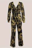 Black Casual Print Deep V Neck Skinny Jumpsuits