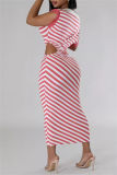 Pink Casual Striped Print Hollow Out Patchwork Oblique Collar Long Dresses