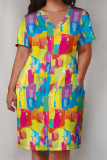 Black Casual Geometric Print Letter Print Pocket Contrast V Neck Printed Plus Size Dresses