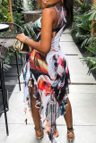 Multicolor Sexy Print Patchwork Ruffle Irregular Hem O Neck Irregular Dresses
