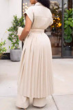 Cream White Casual Solid Color Buckle Ruched Zipper Patchwork Cardigan Collar Short Sleeve Two Pieces