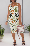 Beige Casual Geometric Print Contrast V Neck Printed Dresses
