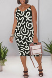 Beige Casual Geometric Print Contrast V Neck Printed Dresses