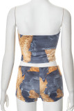 Blue Sexy Print Patchwork Strapless Sleeveless Two Pieces