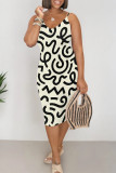 Beige Casual Geometric Print Contrast V Neck Printed Dresses
