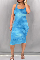 Colorful Blue Sexy Print Patchwork Square Neck Wrapped Skirt Dresses