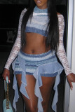 Blue Sexy Stripe Lace See-Through Patchwork Irregular Hem O Neck Long Sleeve Two Pieces