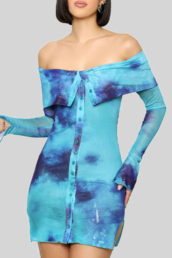 Blue Sexy Print Buckle Slit Patchwork Off Shoulder Wrapped Skirt Dresses