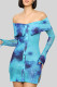 Blue Sexy Print Buckle Slit Patchwork Off Shoulder Wrapped Skirt Dresses