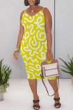 Beige Casual Geometric Print Contrast V Neck Printed Dresses
