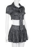 Dark Gray Sexy Solid Color Hollow Out Distressed Ruched Patchwork O Neck Short Sleeve Two Pieces