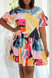 Light Color Casual Print Patchwork Fold O Neck Straight Dresses