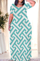 Blue Casual Daily Geometric Print Contrast O Neck Printed Dresses