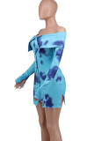Blue Sexy Print Buckle Slit Patchwork Off Shoulder Wrapped Skirt Dresses