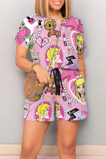 White Pink Casual Street Geometric Print Cartoon Print Draw String Pocket Contrast O Neck Loose Rompers