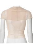 Khaki Sexy Solid Color See-Through Ruched Mesh Patchwork Asymmetrical Collar Tops