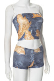 Blue Sexy Print Patchwork Strapless Sleeveless Two Pieces