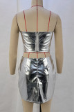 Rose Red Sexy Solid Color Zipper Patchwork Strapless Sleeveless Two Pieces