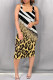 Black And White Casual Print Patchwork Square Neck Wrapped Skirt Dresses