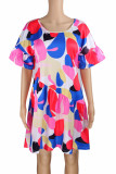 Light Color Casual Print Patchwork Fold O Neck Straight Dresses