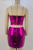 Rose Red Sexy Solid Color Zipper Patchwork Strapless Sleeveless Two Pieces
